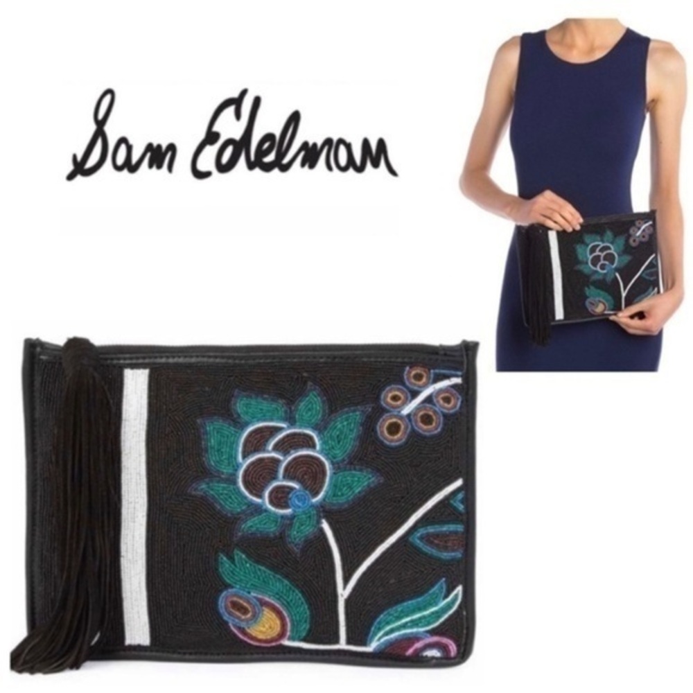 Sam Edelman Seedbead Clutch Stripe Floral Suede with Leather Tassel Pull